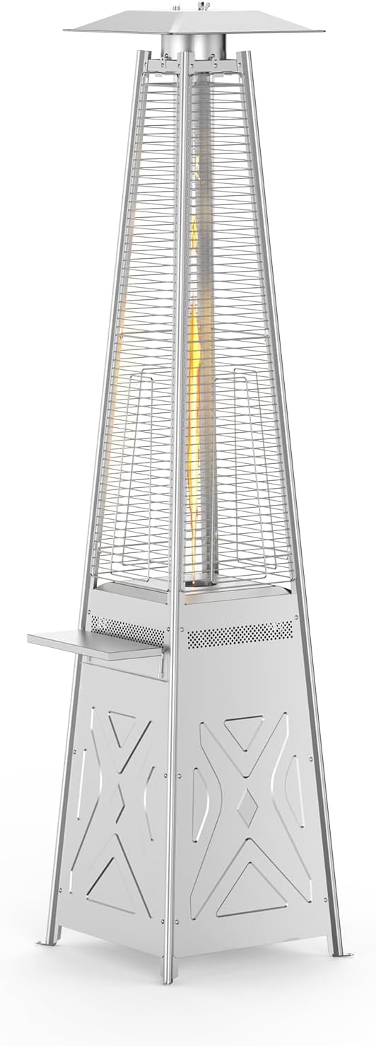 Outdoor Heaters for Patio, 48,000 Btu Pyramid Patio Heater, Outdoor Quartz Glass Tube Propane Heater with Wheels and Coffee Rack for Patio, Party, Backyard, Garden, Restaurant, Triple Protection Syste