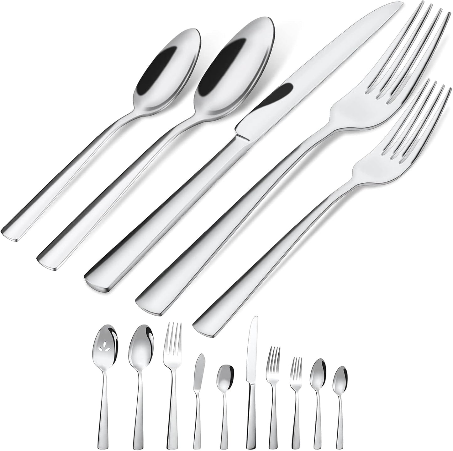 45-Piece Silverware Set Flatware Cutlery Set Service for 8, Durable Stainless Steel Tableware in Ergonomic Design Size and Weight, Kitchen Utensil Sets with Steak Knives, Rust-proof, Dishwasher Safe