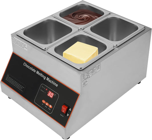 Unnsiapit Chocolate Melting Pot, 500W 12kg\/26.5lbs Electric Chocolate Tempering Machine, Stainless Steel Commercial Chocolate Melter Food Warmer for Catering Restaurant, 4 Tanks, 32-203°F