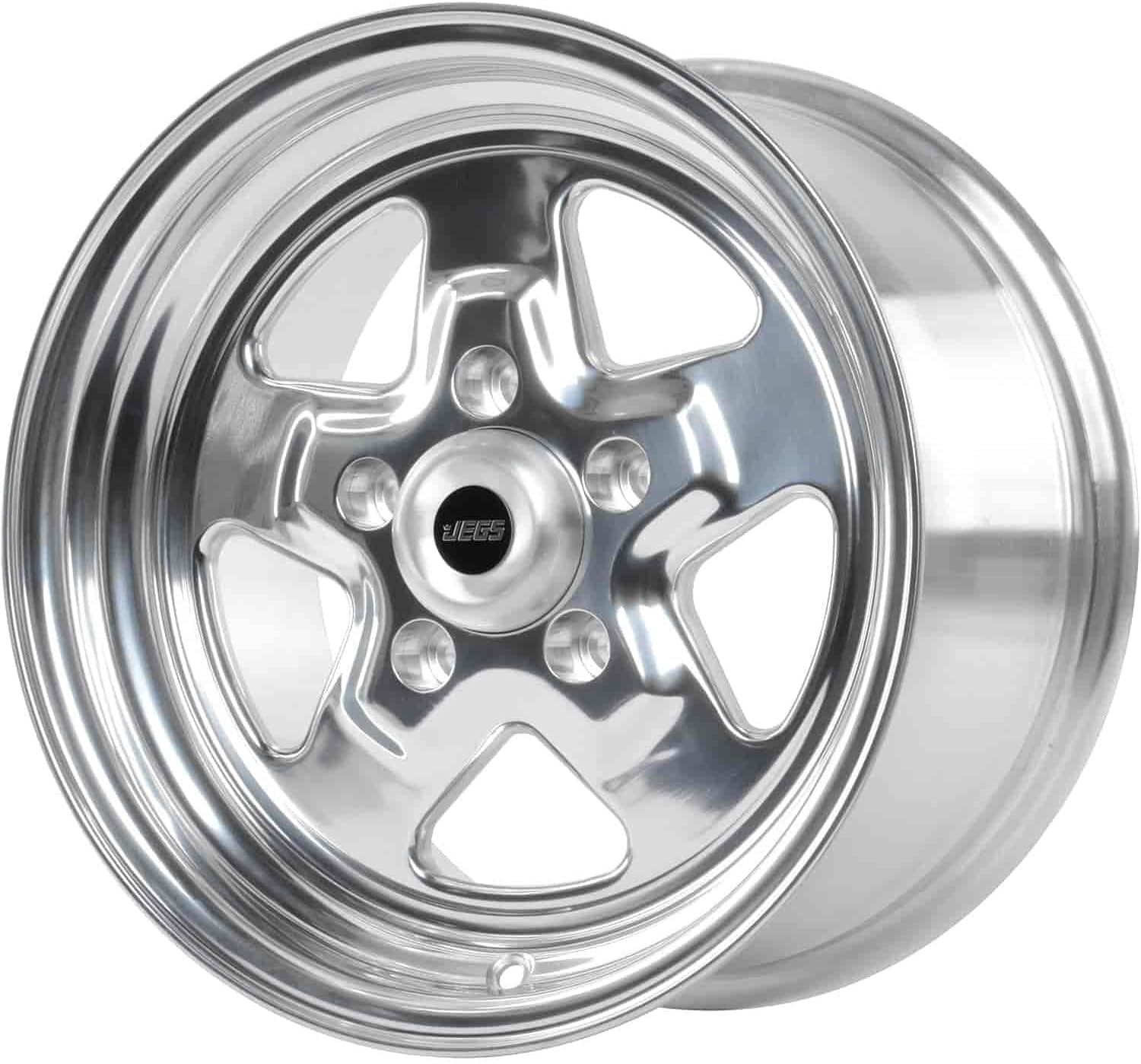 JEGS Sport Star Aluminum Wheel 15” x 8” | 5 x 4.75” Wheel Bolt Pattern Spacing | 25 mm Offset | 5.5” Backspacing | Polished Finish | 3.27” Center Bore | Includes Center Cap