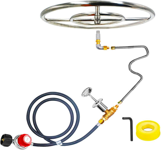MENSI 24" Double Ring Burner Assembly Kit with Flex Gas Line Whistle Free for Propane DIY Propane Fire Pit, Fireplace Max 150000BTU
