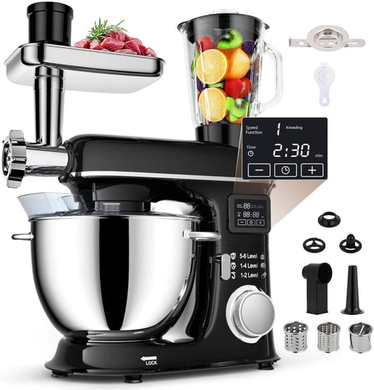 9 in 1 Stand Mixer with Fermentation, 6 Speed Food Mixer with Timer, Meat Grinder, Juice Blender, Vegetable Slicer, Pasta and Cookie Maker,Black