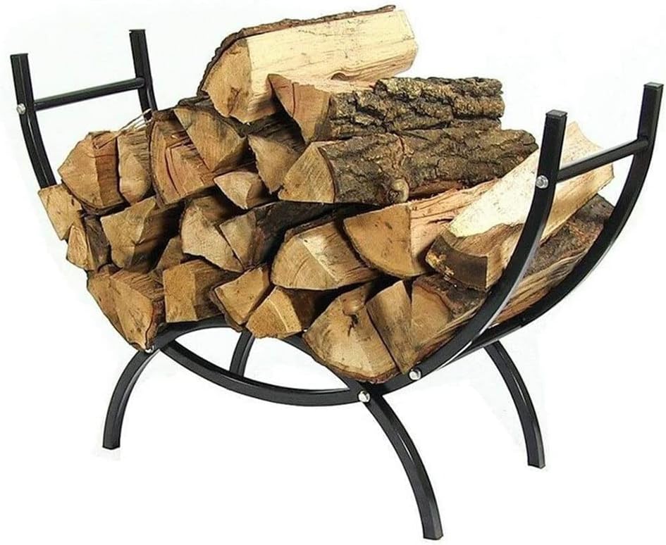 Heavy Duty 36 Inch Mesh Fireplace Screen - Curved Indoor/Outdoor Firewood Rack with Oval Base for Kindling Wood Storage - Elegant Black Bedroom Décor