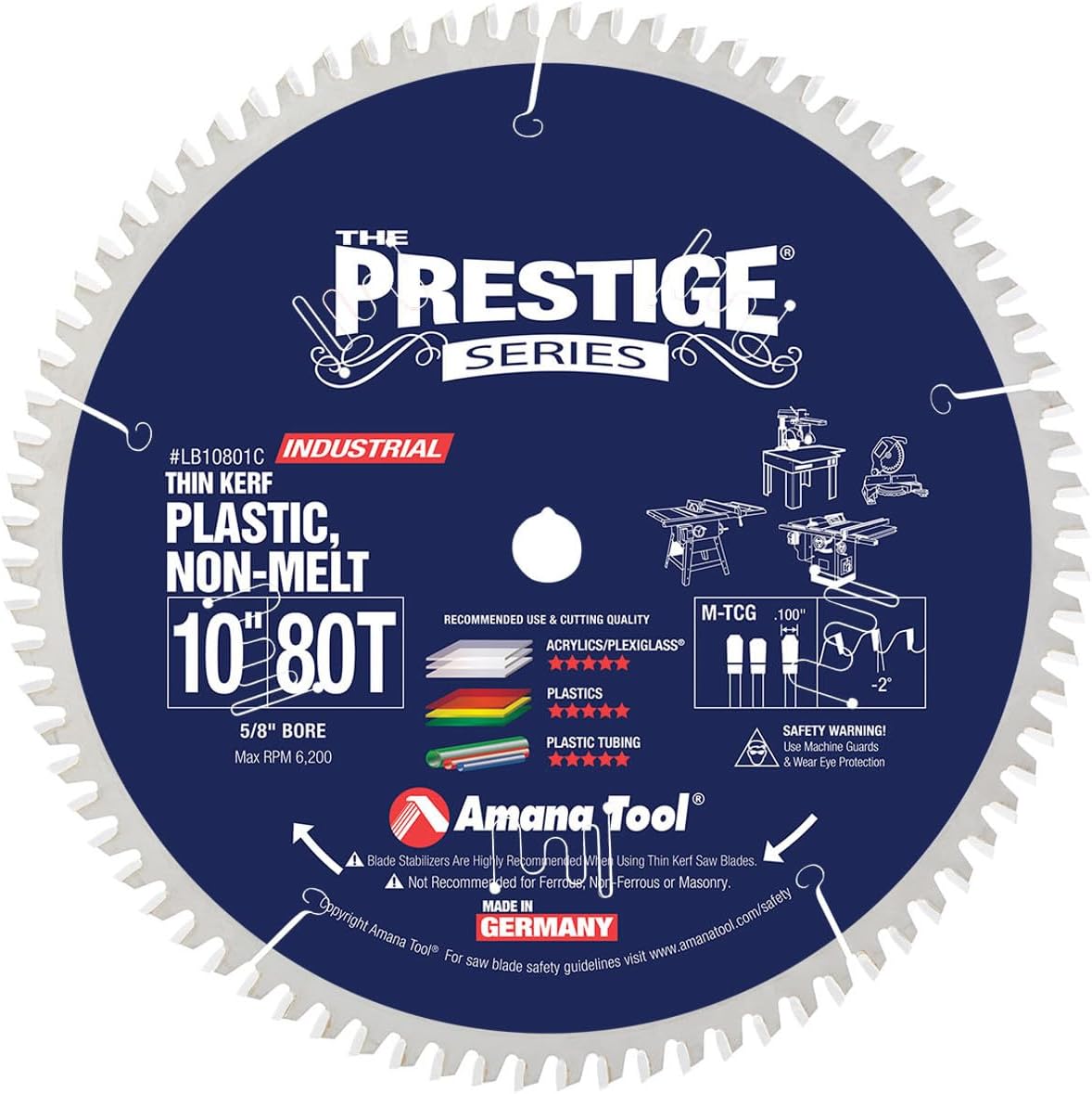 Amana Tool LB10801C Carbide Tipped Prestige Non-Melt Plastic 10 Inch D x 80T M-TCG, -2 Deg, 5/8 Bore Circular Saw Blade