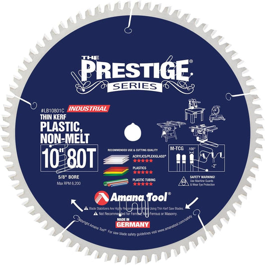 Amana Tool LB10801C Carbide Tipped Prestige Non-Melt Plastic 10 Inch D x 80T M-TCG, -2 Deg, 5/8 Bore Circular Saw Blade