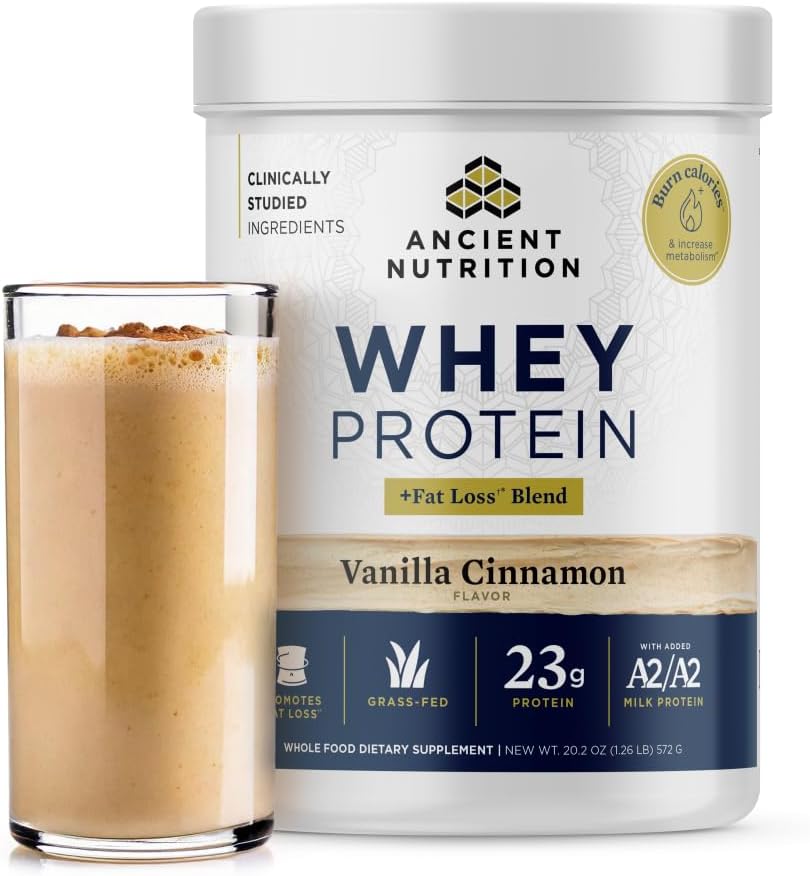 Ancient Nutrition Grass Fed Whey Protein + Fat Loss Blend, Vanilla Cinnamon, 23g Protein, Promotes Fat Loss and Boost Metabolism, Organic Regenerative A2/A2 Milk Protein,18 Servings