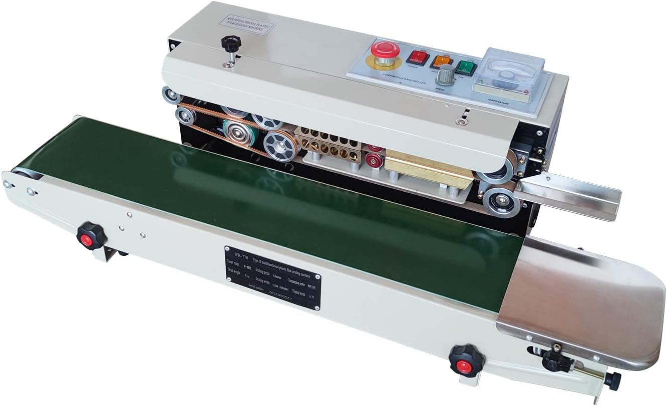 110V FR-770 Horizontal Continuous Sealing Machine Continuous Band Bag Sealer Machine with Intelligent Temperature Control for Bag Packaging 0.02-0.8mm Sealing Thickness