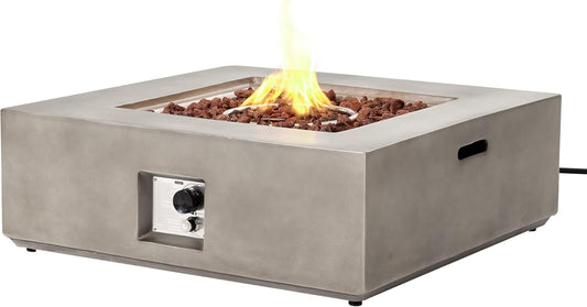 SUNBURY Outdoor 35" Propane Fire Pit Table, 50,000 BTU Gray Patio Fire Table, Concrete Square Gas Fire Table w Tempered Glass Guard, Lava Rocks (Tank Outside)