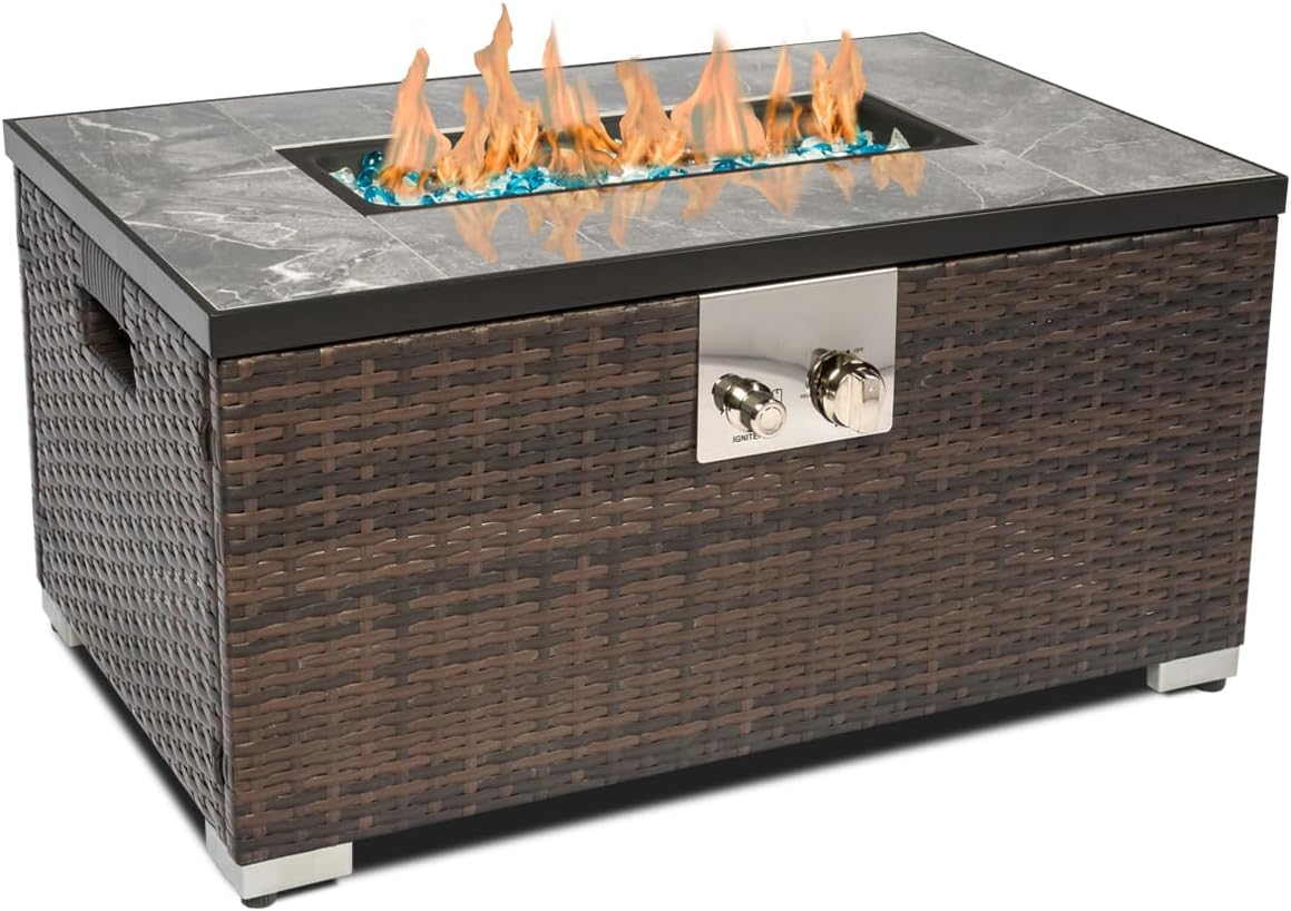 32'' Fire Pit Table with Natural Gas Conversion Kit, Marble Textured Ceramic Tabletop, 50,000 BTU Fire Table with Brown Wicker, Rectangle, Tank Required to Be Kept Outside.