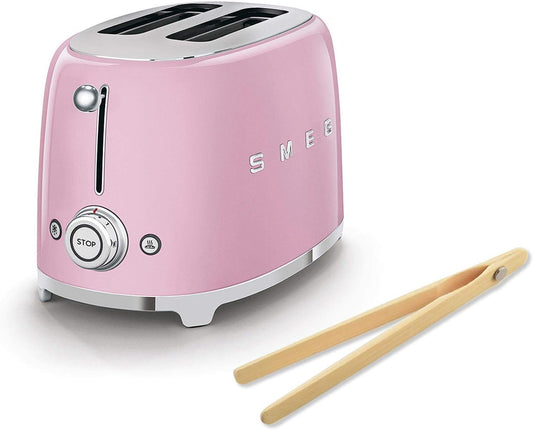 Smeg TSF01PKUS 50's Retro Style Toaster Bundle with Bamboo Tongs - (Pink) 2 Slice