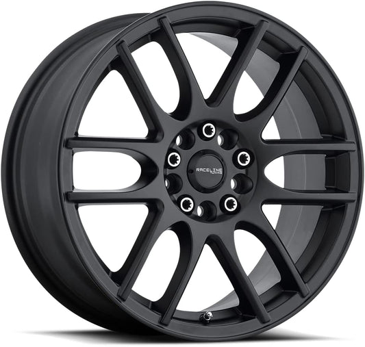 Raceline Wheels 141B Mystique Wheel Black 18X7.5"5X108\/5X114.3 Bolt Pattern +42mm Offset\/(5.9"B\/S) 6 Spoke Aluminum Passenger Car Wheels, Full Size Replacement Black Car Rims