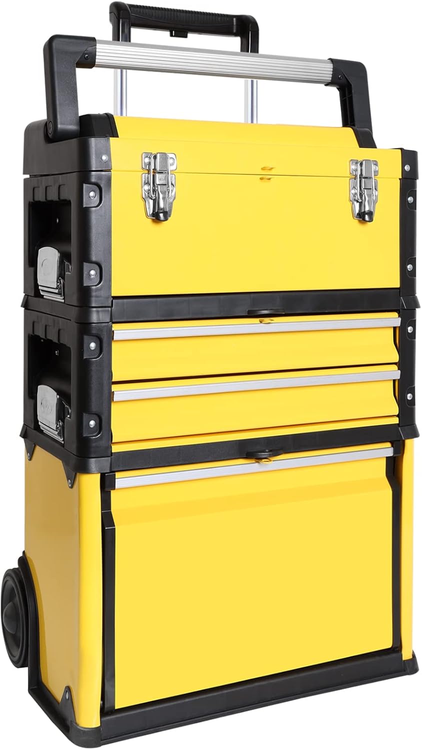 BIG RED Stackable Rolling Tool Box Portable Metal Toolbox Organizer with Wheels and 2 Drawers Separate Rolling Upright Trolley Tool Chest for Garage or Workshop,Yellow,ATRJF-C305ABDY