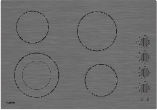 30 Inch Electric Cooktop 4 Burners,3000 Watt Dual-Ring Burner for Quick Boil,Shatterproof Glass, Knob Switch, 9 Heating Level, Drop-in Electric Stove Top,Gray