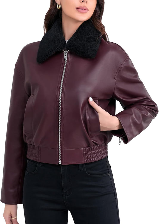 SILVER FASHIONS Leather Jacket Women,Cropped Lambskin Bomber Jacket,Removable Sherpa Collar, Zip Front, Elasticized Hem