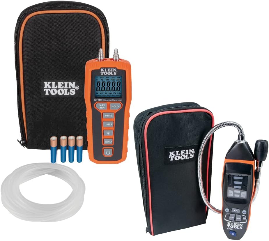 Klein Tools 80142 Gas Leak Detector Kit, Combustible Gas Detector and Digital Manometer HVAC Pressure Tester, Dual-Port, 2-Piece