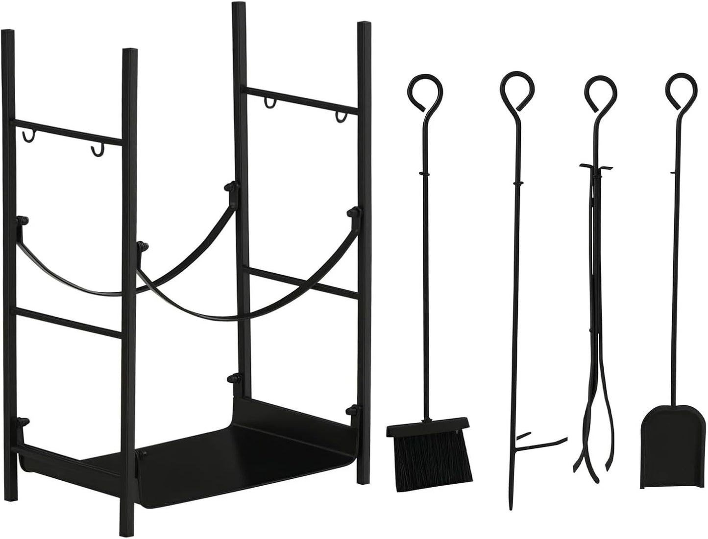 2-Tier Fireplace Log Storage Rack 18" – Heavy Duty Firewood Holder with Poker, Tongs, and Hooks for Indoor Outdoor Fireplace