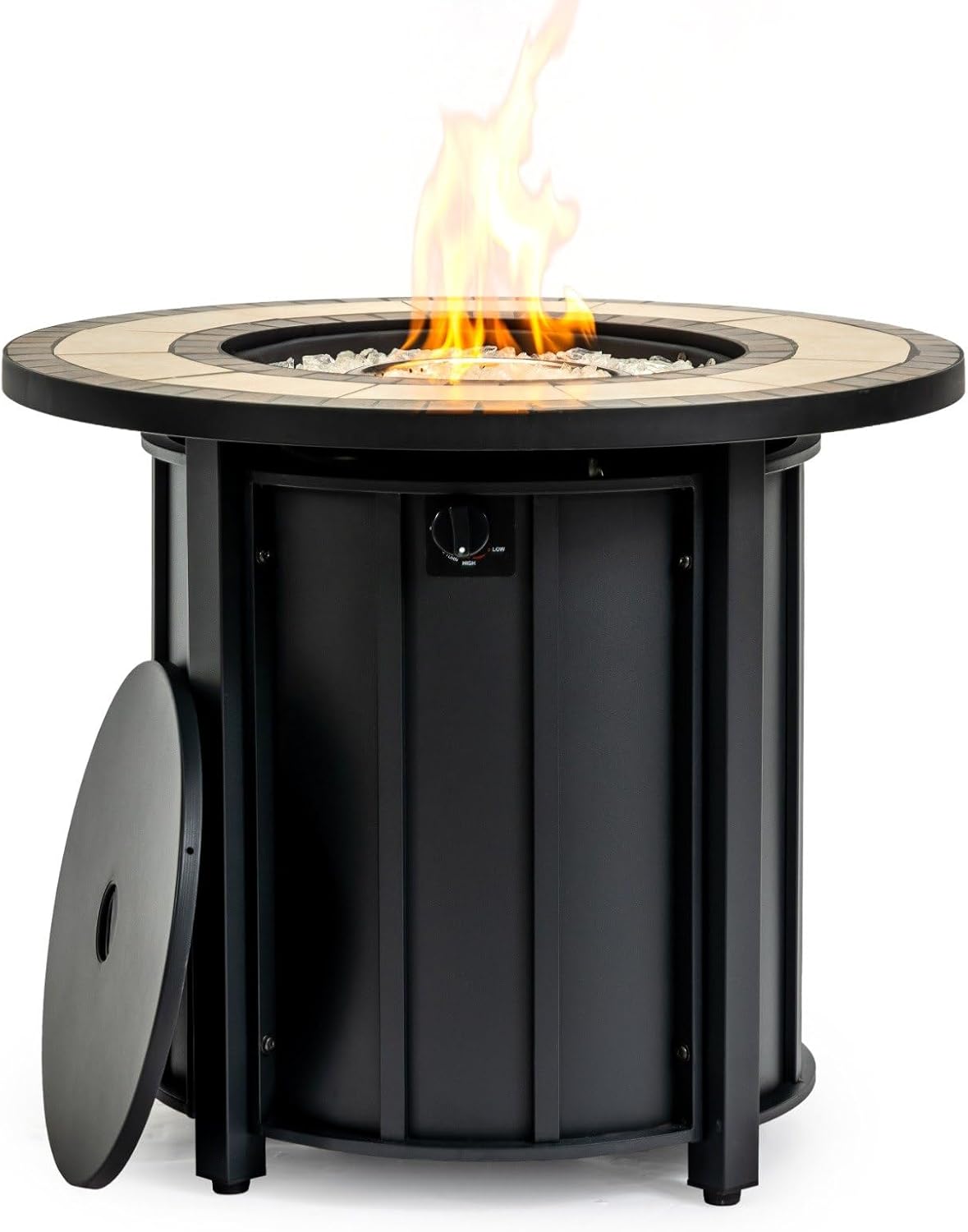 30" Round Propane Fire Pit Table with Mosaic Ceramic Tabletop, 50000 BTU Outdoor Gas Fire Table with Cover & Glass Beads, Steel Frame Patio Heater with Adjustable Flame, Black