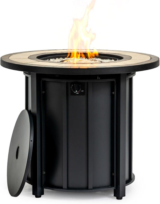 30" Round Propane Fire Pit Table with Mosaic Ceramic Tabletop, 50000 BTU Outdoor Gas Fire Table with Cover & Glass Beads, Steel Frame Patio Heater with Adjustable Flame, Black