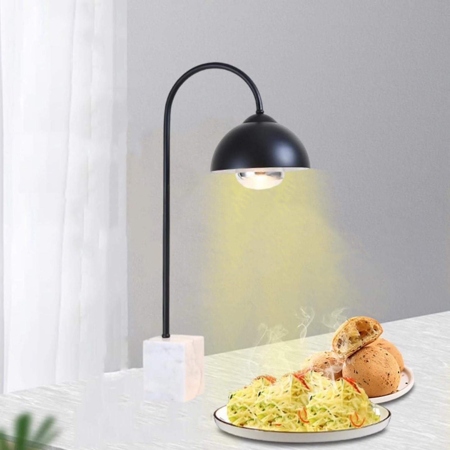Commercial Food Heat Lamp, Pizza Heating Lamp with 250W Bulb, Food Warmer Lamp, Marble Base & Semi-Open Lampshade, for Outdoor Buffet Restaurant Party