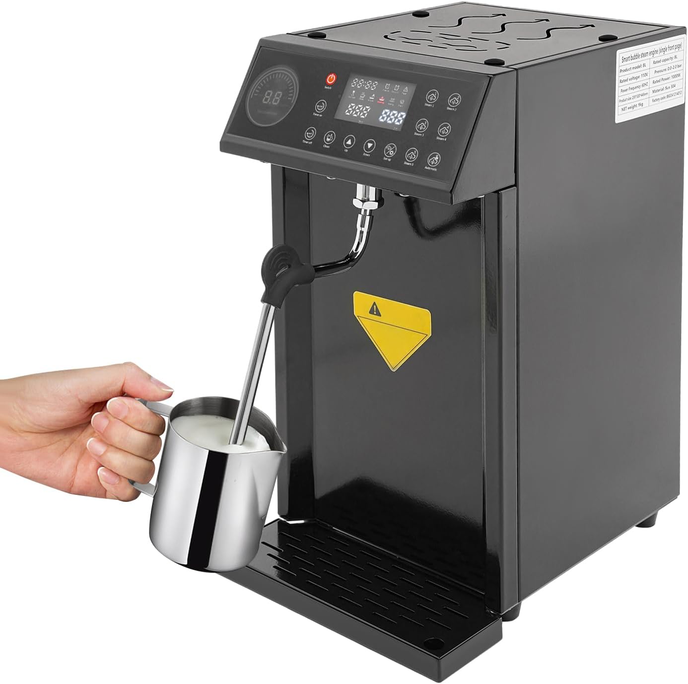 8L\/2.11gal Commercial Steam Milk Frother, 3000W 5-Gear Fast Heating Milk Steamer Machine Electric Steam Milk Frothing Machine Espresso Coffee Milk Foam Machine for Bar Cafe