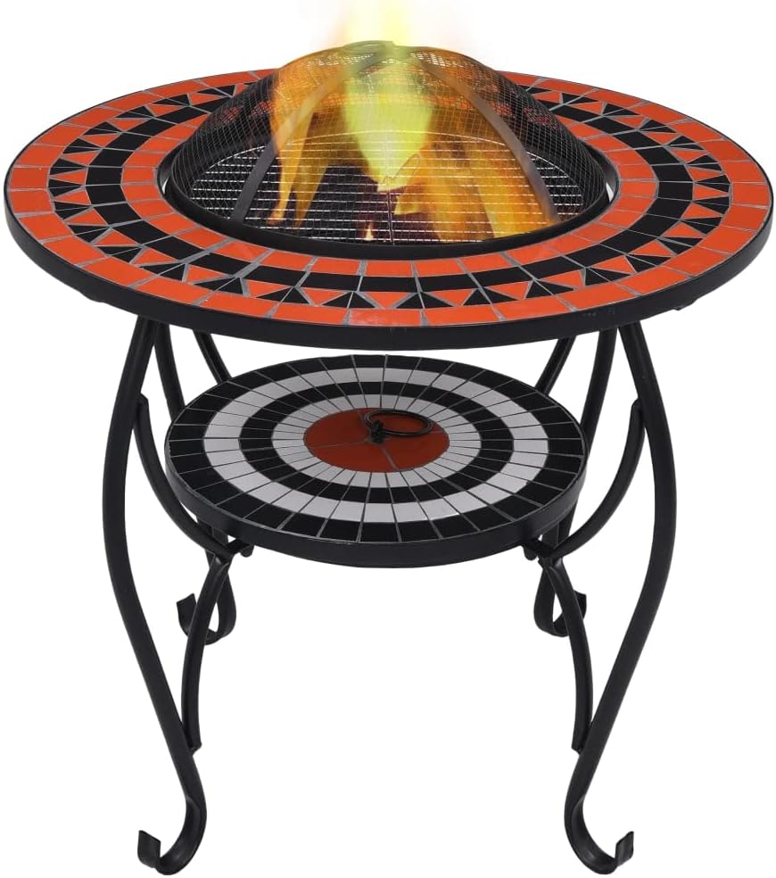 Mosaic Fire Pit Table Terracotta and White Steel Fire Pit Bowl with Safety Mesh and Poker Tool for Garden Patio Heating 26.8" Ceramic