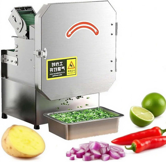 Compact Electric Vegetable Cutter, 300W Space-Saving Design for Small Commercial or Home Kitchens, Adjustable Thickness for Mincing Herbs and Vegetables with Easy Clean Features.