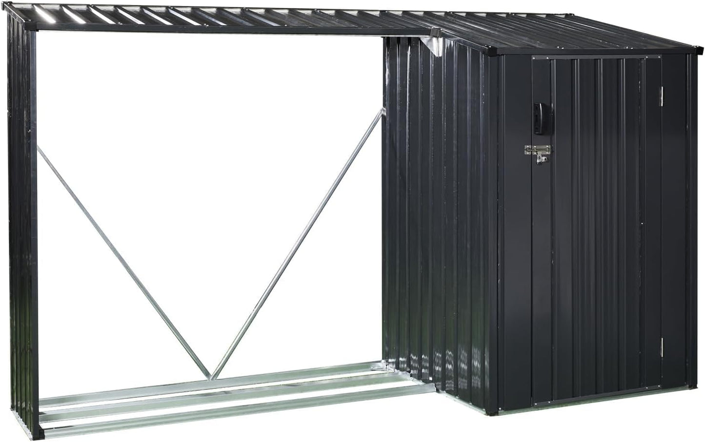 8.55 * 5.3FT Outdoor Firewood Rack & Storage Shed 2-in-1, Steel Wood Holder with Tool Compartment and Sloped Roof