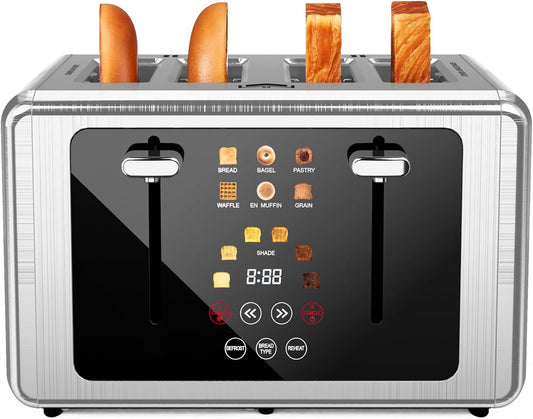 4 Slice Toaster, Touchscreen & Dual Independent Control Panel，5 Basic Functions & Digital Countdown Toasters, 6 Shade Settings＆6 Bread Types, Smart Bread Maker Mute/Screen-Off,Gray