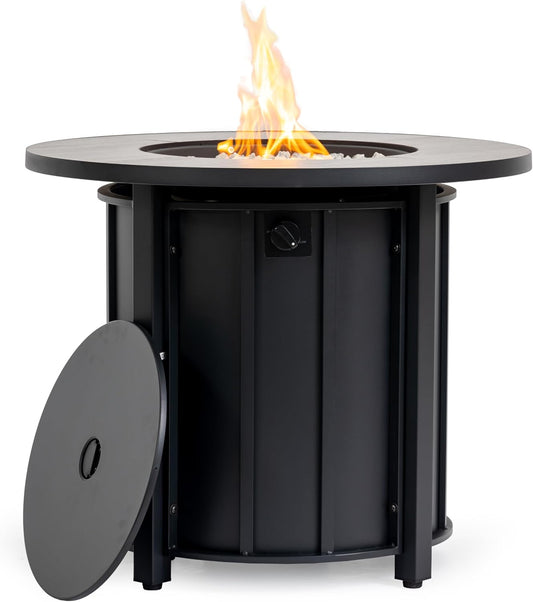 30" Round Propane Fire Pit Table, 50,000 BTU Outdoor Fire Pit with Wood Grain Ceramic Tabletop, Steel Patio Heater with Lid & Rain Cover for Deck, Backyard, Garden - Black