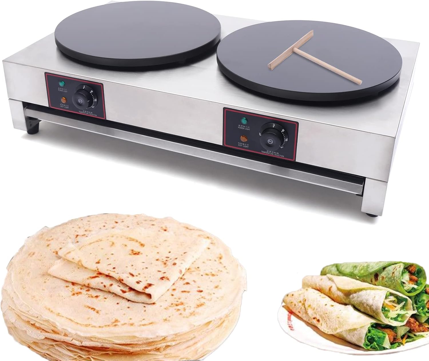 Commercial Crepe Maker 3400W 16" Griddle Machine Pancake Baking Hot Plate Non-Stick Electric Crepe Pan Double Hotplate Adjustable Temperature 50-300℃(122-572℉) Crepe Maker Machine for Kitchen