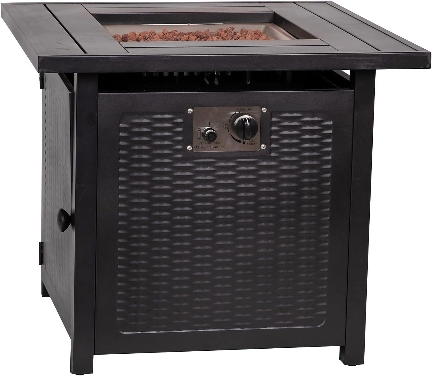Flash Furniture Olympia 50,000 BTU Outdoor Propane Gas Fire Pit Table - Black Stainless Steel Tabletop and Steel Wicker Detail Base - 28" Square - Included Lava Rocks