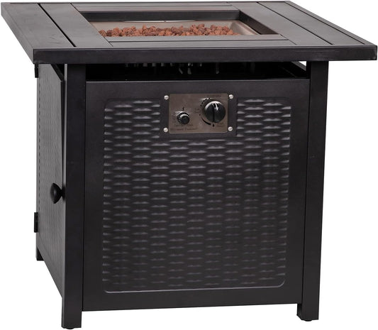 Flash Furniture Olympia 50,000 BTU Outdoor Propane Gas Fire Pit Table - Black Stainless Steel Tabletop and Steel Wicker Detail Base - 28" Square - Included Lava Rocks