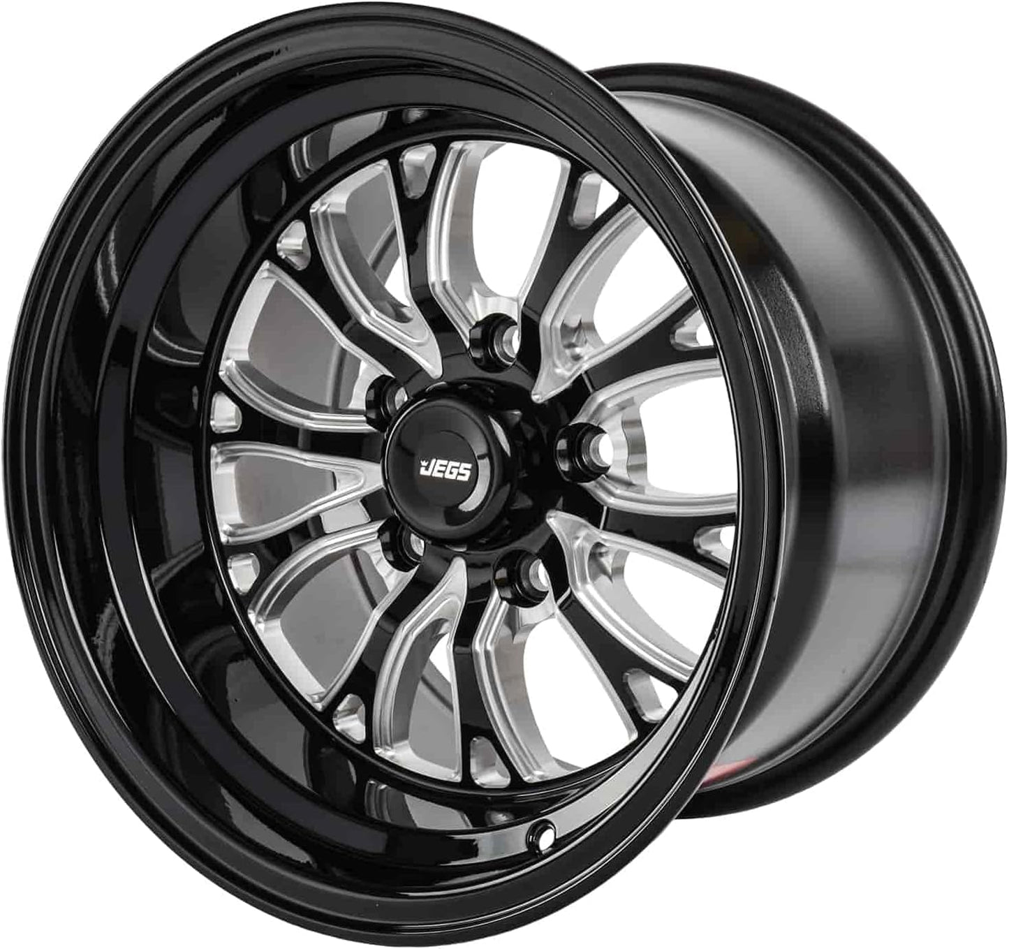 JEGS SSR Spike Wheel 15 x 10 | 5 x 4.5” Wheel Bolt Pattern Spacing | 0mm Offset | 5.5” Backspacing | Gloss Black with Milled Spoke Accents | 3.27” Center Bore