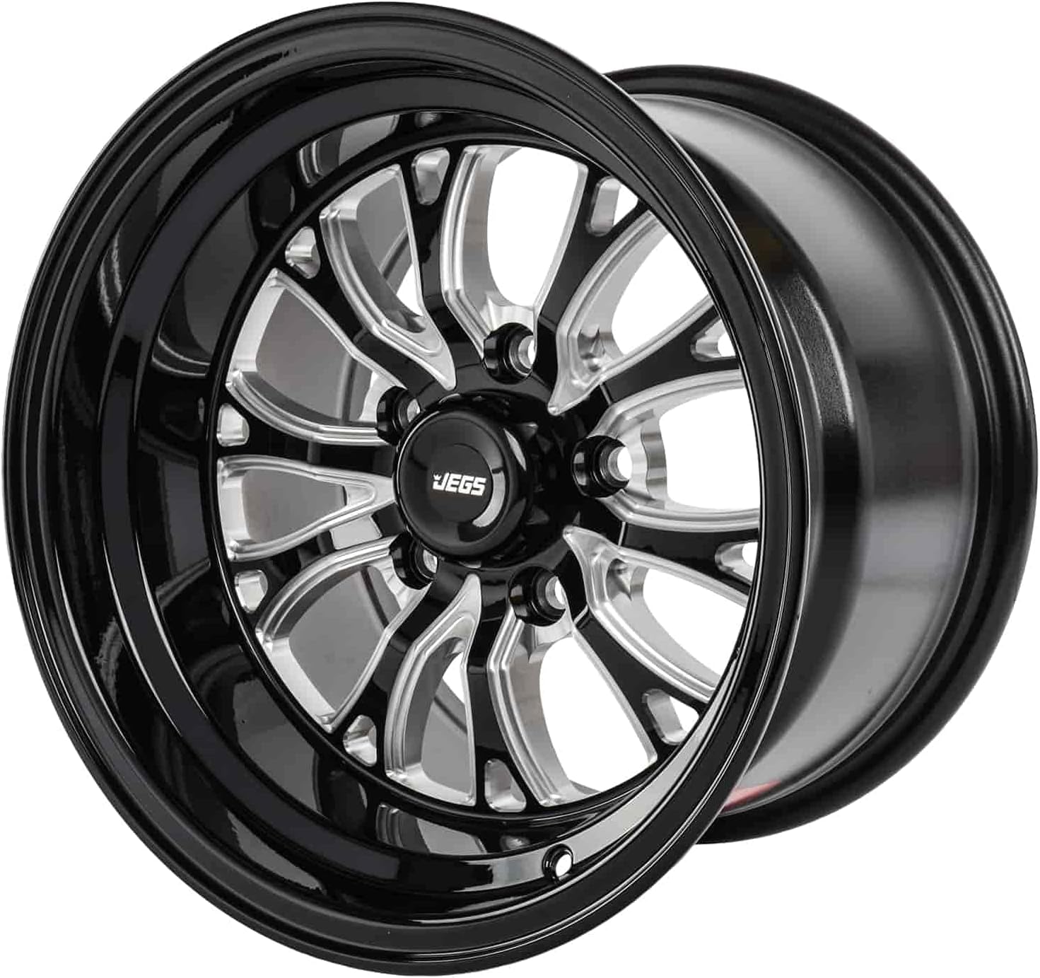 JEGS SSR Spike Wheel 15 x 10 | 5 x 4.5” Wheel Bolt Pattern Spacing | 0mm Offset | 5.5” Backspacing | Gloss Black with Milled Spoke Accents | 3.27” Center Bore