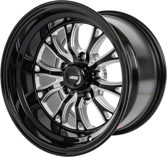 JEGS SSR Spike Wheel 15 x 10 | 5 x 4.5” Wheel Bolt Pattern Spacing | 0mm Offset | 5.5” Backspacing | Gloss Black with Milled Spoke Accents | 3.27” Center Bore