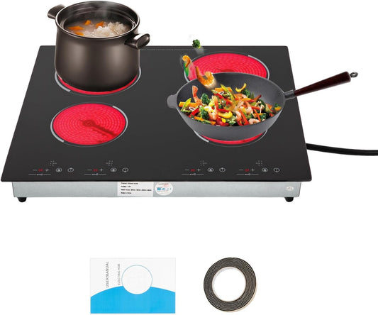 4 Burner Electric Stove, 3000W 110V Countertop/Built-in Cooktop, Electric Burner with LED Display Screen, 9 Heating Level and Child Safety Lock, Sensor Touch Control Ceramic Stove