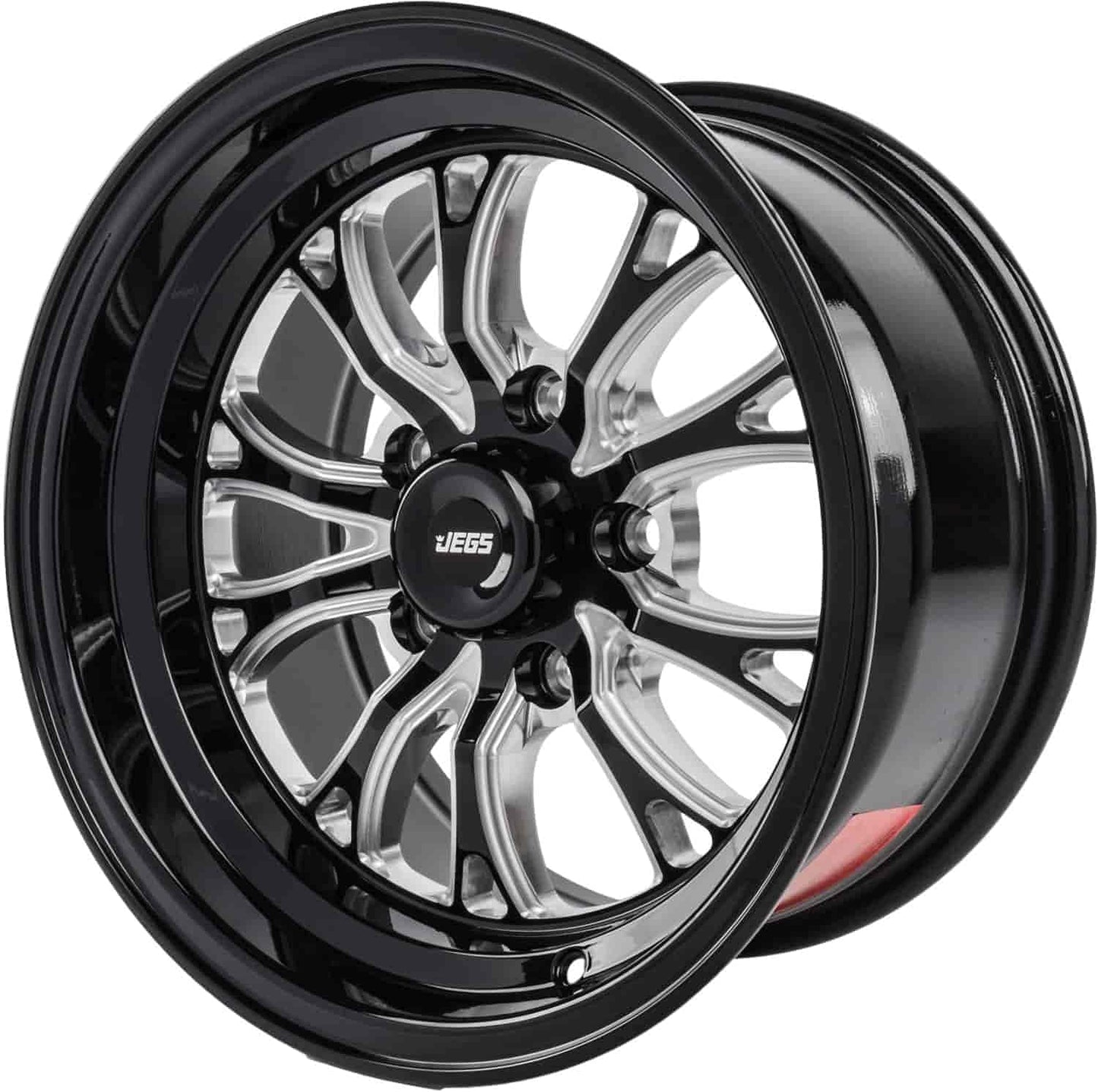 JEGS SSR Spike Wheel 15 x 8 | 5 x 4.5” Wheel Bolt Pattern Spacing | 0 mm Offset | 4.5” Backspacing | Gloss Black with Milled Spoke Accents | 3.27” Center Bore