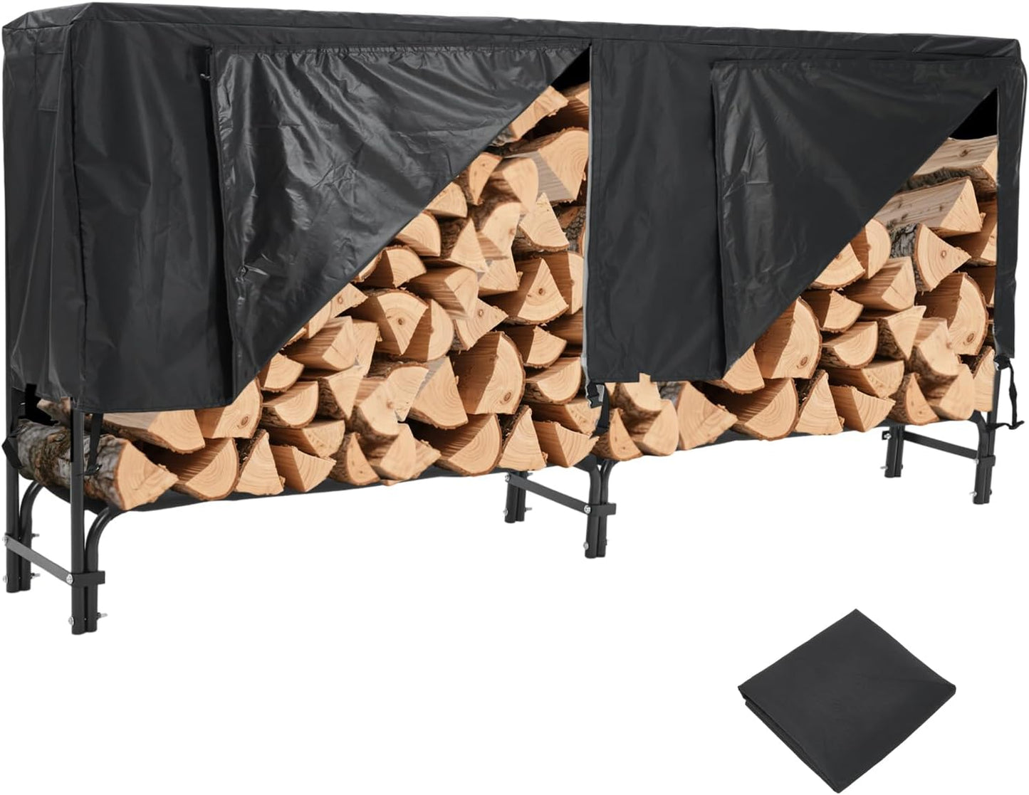 Elementool 8FT Heavy-Duty Firewood Rack with Waterproof Cover, Outdoor Wood Storage Holder for Fireplace & Patio, Durable Steel Log Rack with Zippered Protection for Backyard, Deck, Garden