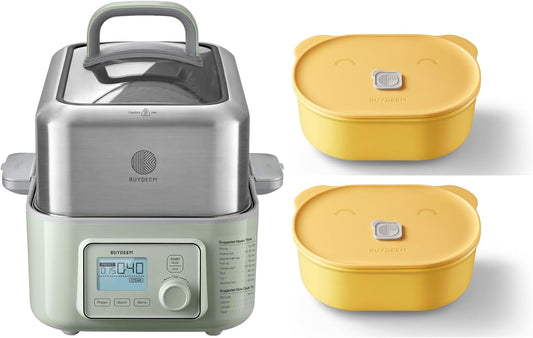 BUYDEEM G553 5-Quart Electric Food Steamer with Two Ceramic Food Storage Container 17oz Mellow Yellow, One Touch Vegetable Steamer, Digital Multifunctional Steamer, No Stew Pots Included