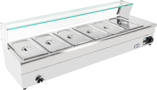 MuChaIOAK 6-Pan Food Warmer - Stainless Steel Steam Table with Tempered Glass Shield - 110V 1.2KW