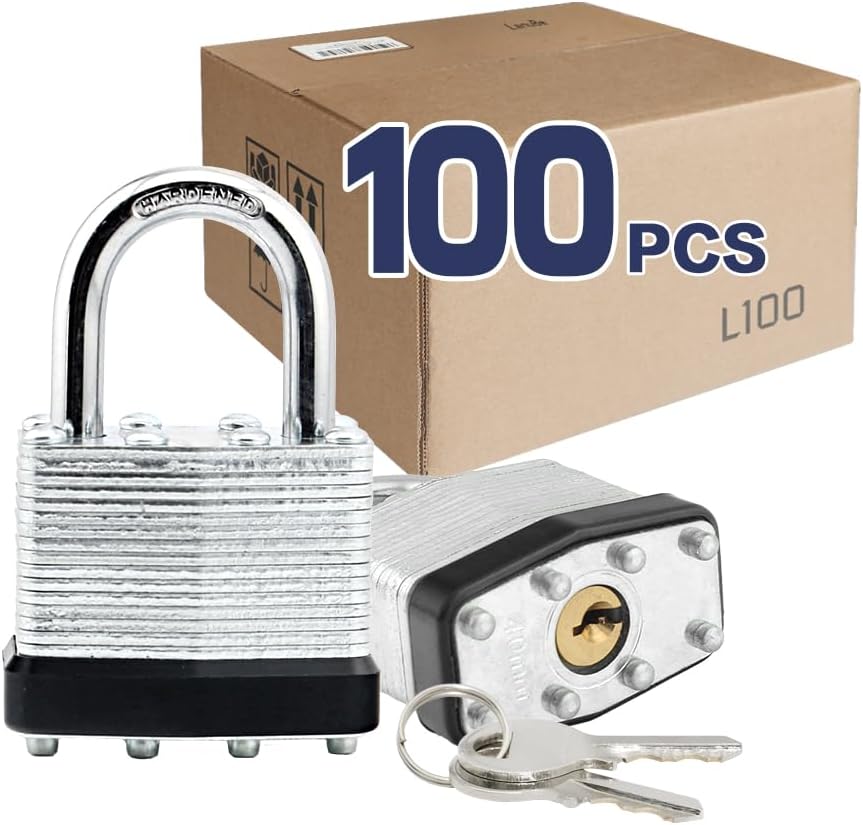 LanuBe Lock Laminated keyed Padlock (1-9\/16", 40mm), keyed Alike Locks, Normal Shackle,Marked Black Plastic Hoop, Pack of 100