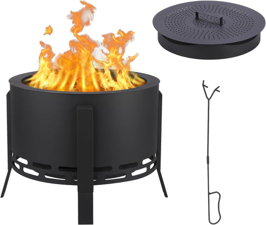 26 Inch Outdoor Smokeless Fire Pit - Wood Burning Outside with 360° Airflow, Removable Ash Pan, Bamboo Lid & Rainproof Cloth - Low Smoke Fire Pit for Patio, Camping and Bonfire