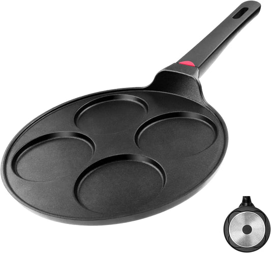 CAINFY Pancake Pan Nonstick-Suitable for All Stovetops & Induction Cooker, 10.5 Inch Mini Silver Dollar Grill Blini Griddle Crepe Pan, 4 Molds Cake Egg Skillet, 100% PFOA Free Coating