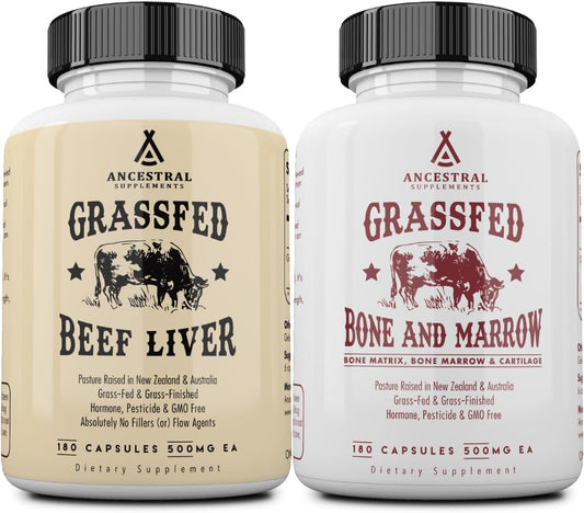 Ancestral Supplements Grass-Fed Beef Liver & Bone Marrow Capsules, 3000mg, Supports Energy, Digestion, Immunity, Skin, Oral Health, Joint Wellness, Non-GMO, Freeze-Dried, 180 Capsules, (Bundle 2 Pack)