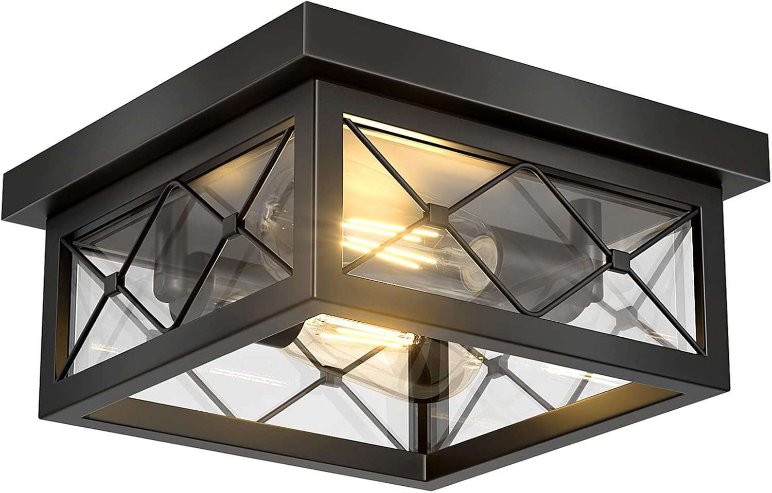 Asnxcju Farmhouse Light Fixtures Ceiling Mount, 2-Light Black Flush Mount Ceiling Light with Clear Glass Shade, Metal Cage Square Close to Ceiling Lamp for Bathroom Kitchen Porch (Bulbs Not Included)