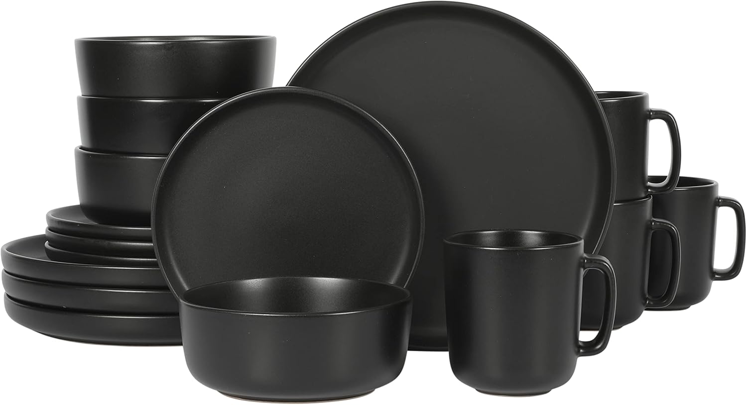 Gibson Home Zuma Stoneware Plates, Bowls, & Mugs Dinnerware Set - Matte Black, Service for Four (16pcs)