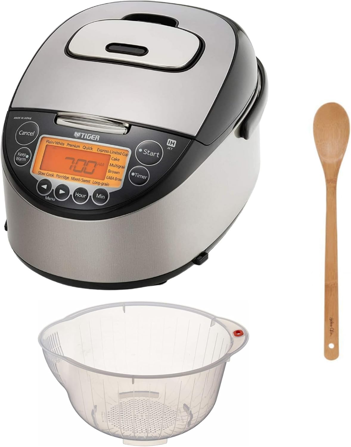 Tiger JKT-D18U 10-Cup Induction Heating Rice Cooker (Black and Stainless Steel) Bundle with Rice Washing Bowl and Bamboo Spoon (3 Items)
