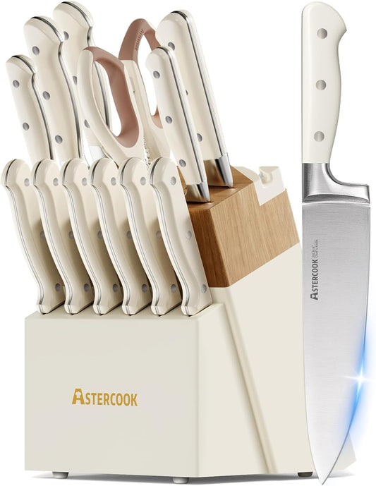 Knife Set,Astercook Kitchen Knife Set with Block 14-Piece Full Tang Stainless Steel Knives with Sharpener Dishwasher Safe and Anti-Slip Ergonomic Handle Elegant Cream White Utensils Set