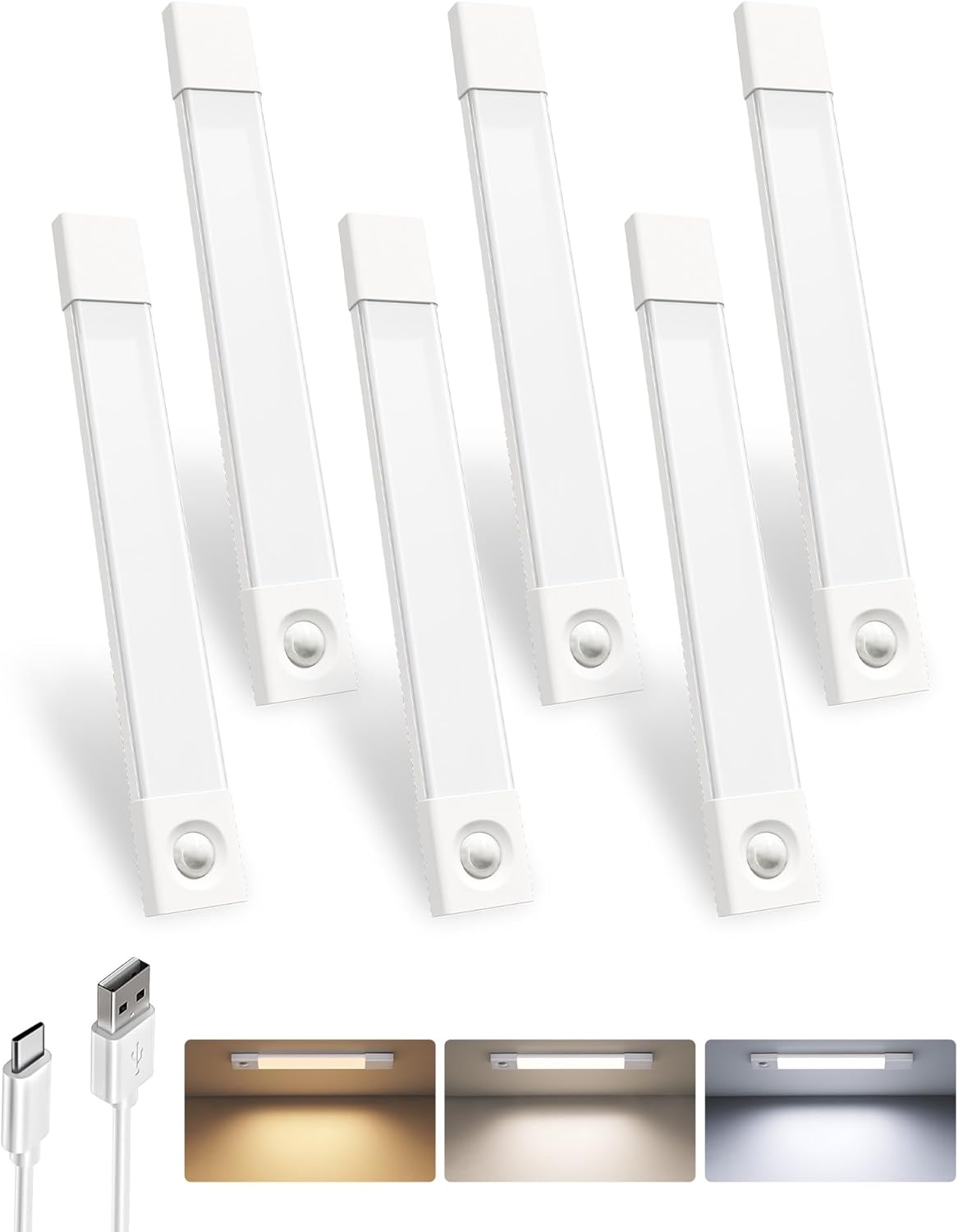 EZVALO 6-Pack Under Cabinet Lighting, Wireless Closet Lights, 50 LED Rechargeable Motion Sensor Light, Dimmable, 3 Color Temperatures, 11.8 inch Counter Lights for Kitchen, Pantry, Bedroom, Wardrobe