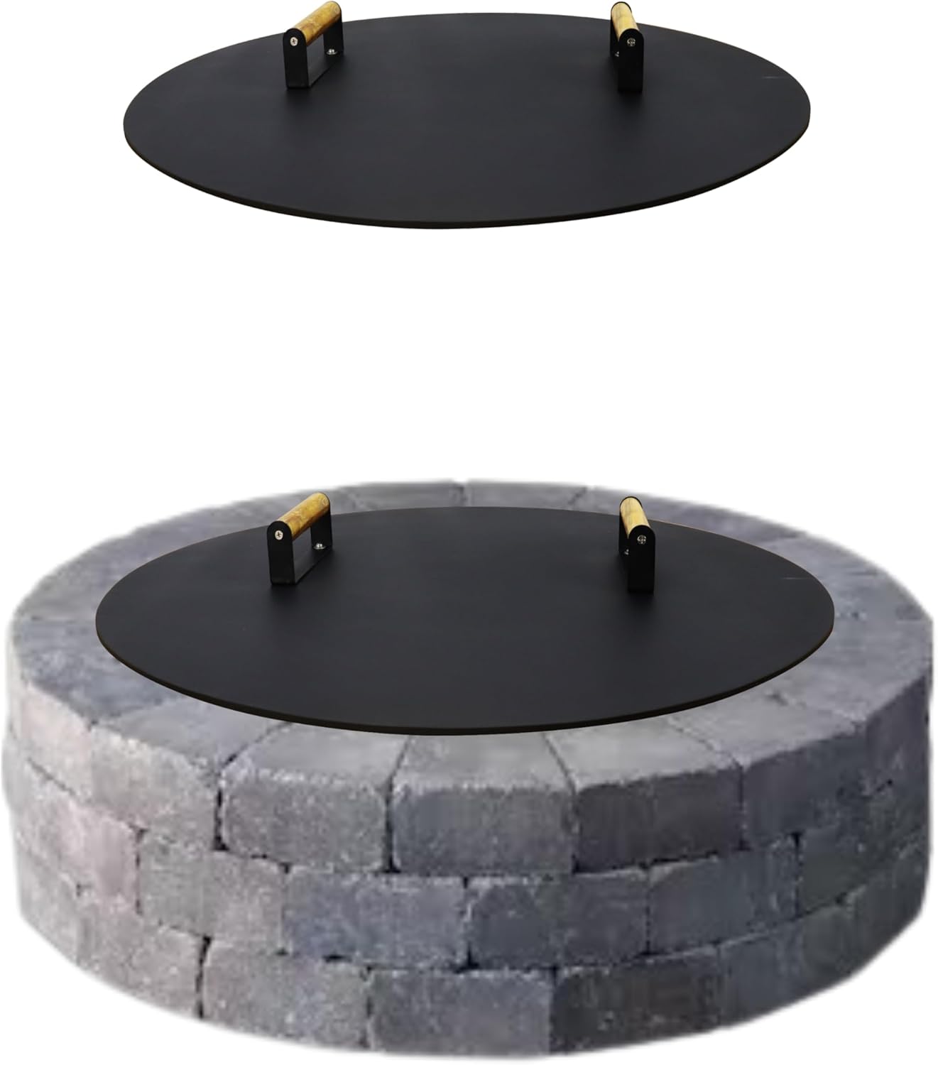 34” Fire Pit Cover Lid Round - Fit for 32” Round Fire Pit Lid for Outdoor Fireplace Cover Lid Steel fire pit metal cover W/ 2 Wooden Handles & Heat Resistant Snuffer Lid for Patio Fire Pit Ring